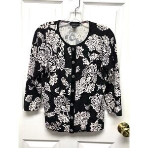 August Silk Sweater Floral Cardigan Black Rhinestone Buttons Velvet Trim Size M
